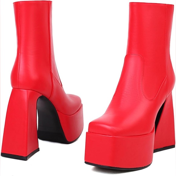 BVIENNIC RED Chunky square toe platform ankle GO-GO Boots w Heels EU42 - Picture 4 of 15